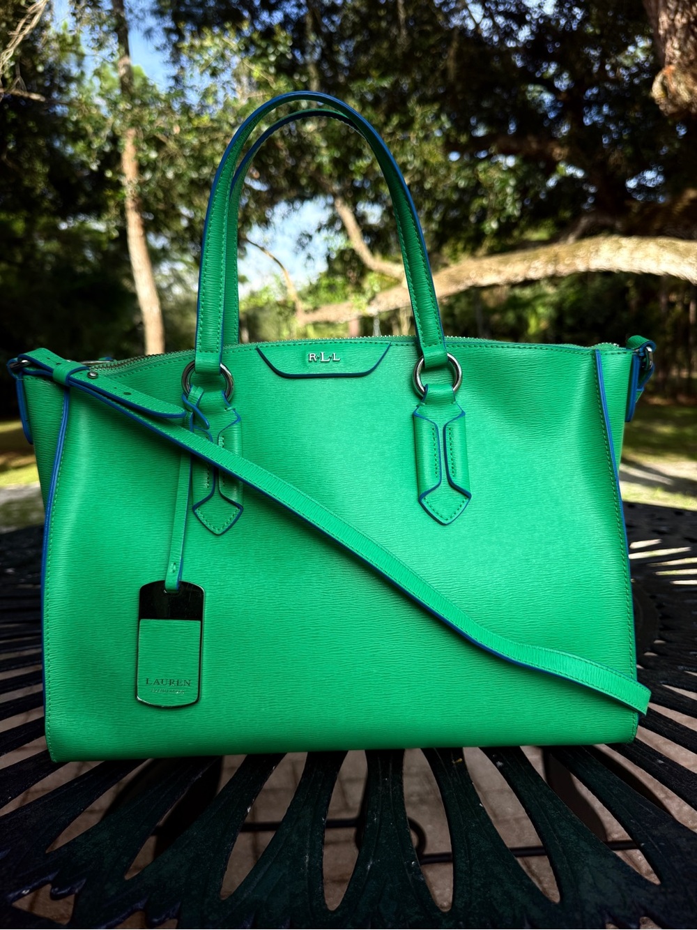 Lauren Ralph Lauren Green Leather Saffiano Newbury Satchel Tote. Sheek & Chic